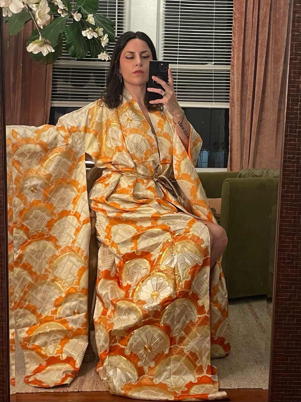 Regal vintage Japanese furisode kimono gold orange embroidered